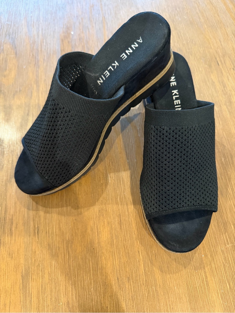 Anne Klein Black Knit Open-Toe Wedge Slides